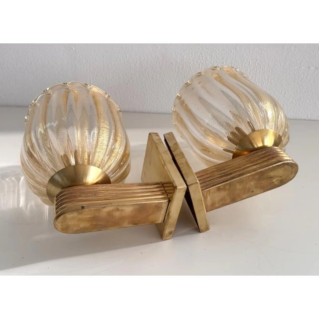 Art Deco 1960s Italian Murano Glass & Brass Art Deco Sconces - Pair For Sale - Image 3 of 7