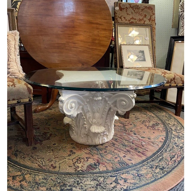 1990s Clear Coated White Plaster Corinthian Column Bevelled Glass Top Coffee Table For Sale - Image 13 of 13