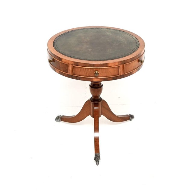 Wood Antique Yew Wood Leather Top Drum Table, 1950s For Sale - Image 7 of 7