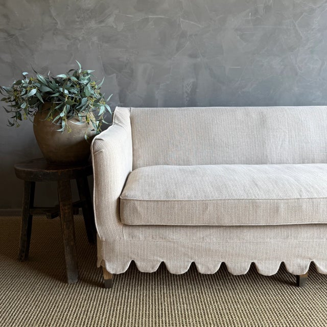 Mid-Century Modern Madison Slip Covered Ticking Stripe Linen Sofa With Scallop Skirt Down Cushion For Sale - Image 3 of 10