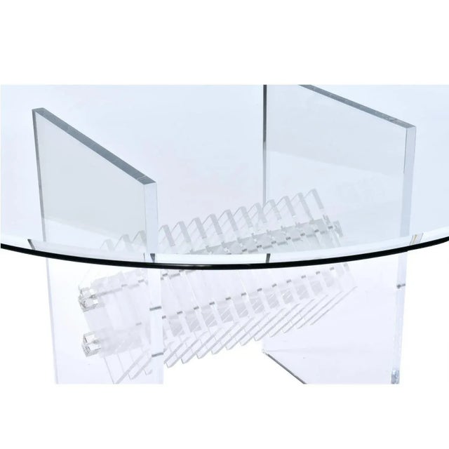 Glass Clear Lucite Acrylic Pedestal Dining Table With Round Glass and Prism Center For Sale - Image 7 of 14