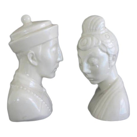 Mid-Century James Mont Style Chinoiserie Blanc De Chine Style Ceramic Busts - A Pair For Sale