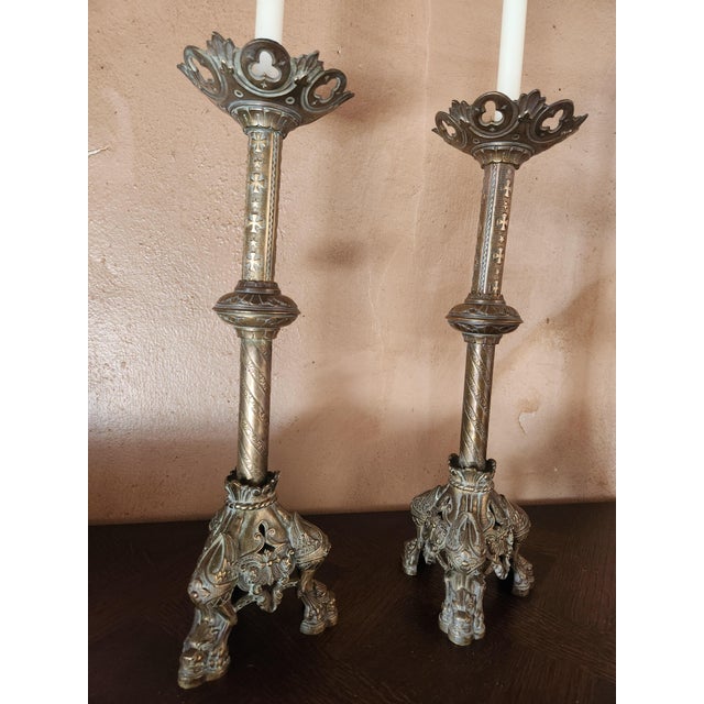 Large Antique Napoleon III Gothic Brass Church Candleholders, France, Set of 2 For Sale - Image 3 of 14
