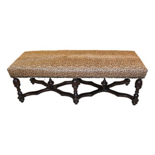 Cheetah Print Cowhide Covered Bench Ottoman W/ Nail Head Trim & Baluster Wood Base For Sale