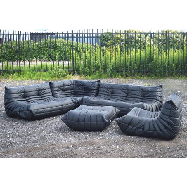 Togo Sofa in Black Leather by Michel Ducaroy for Ligne Roset, Set of 5 For Sale - Image 11 of 11