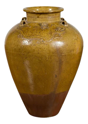 Chinese Antique Martaban Water Jar with Dragon Motifs and Ocher Glaze