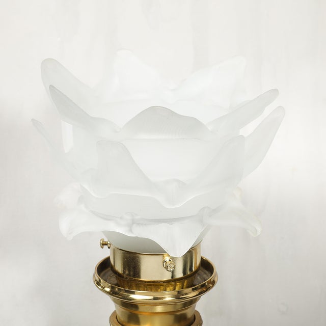 Pair of Neoclassical Antique Brass Torch Form Sconces With Frosted Glass Shades For Sale - Image 11 of 14