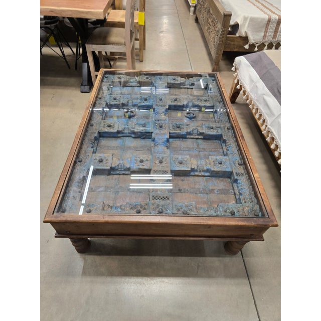 2000 - 2009 Antique Door Coffee Table With Glass Top For Sale - Image 5 of 8