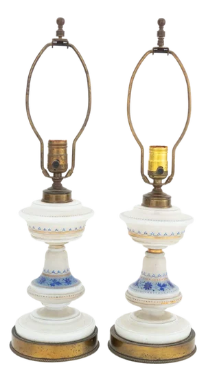Art Nouveau Glass Electrified Oil Lamps, Pair