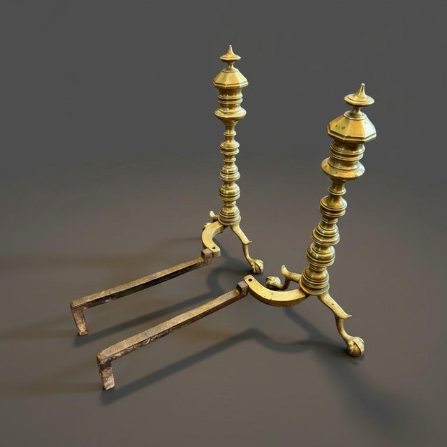 English Antique Brass Andirons Pair-Chippendale-Beehive-Claw Foot-Fireplace Dogs-Federal For Sale - Image 3 of 11