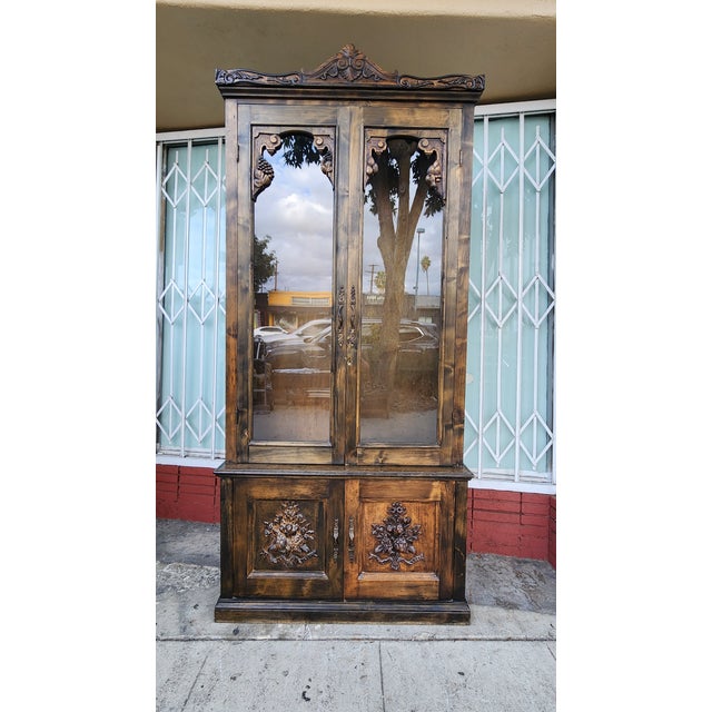 Brown Vintage Carved Wood Display Cabinet For Sale - Image 8 of 12