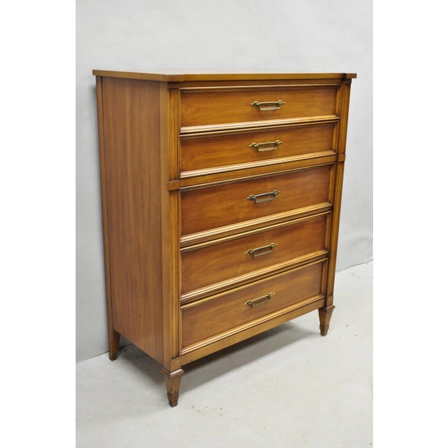 Vintage Hollywood Regency Cherry Wood 5 Drawer Tall Chest Dresser by White Furn. Item features brass hardware, 5...