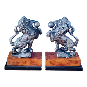 Antique Bronze & Wood Lion Bookend Pair