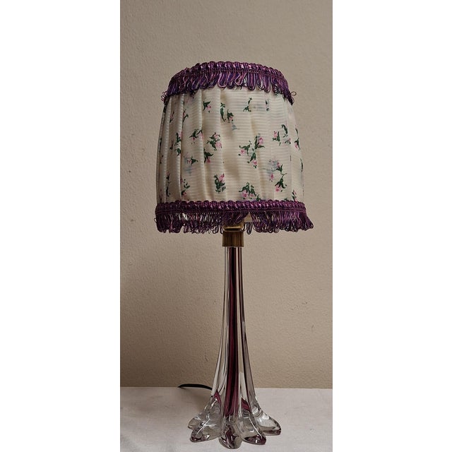 Vintage Belgian Table Lamp with Purple Underlaid Crystal Glass Base and Matching Handmade Fabric Shade from Lamplove,...