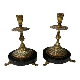 Vintage English Brass Candlestick Holders Round Black Marble Base With Claw Feet - a Pair For Sale