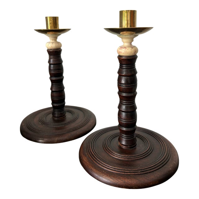 Pair of Antique English Oak Barley Twist Candlesticks With Brass Bobeches, Victorian C. 1890 For Sale