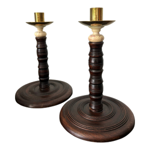 Pair of Antique English Oak Barley Twist Candlesticks With Brass Bobeches, Victorian C. 1890