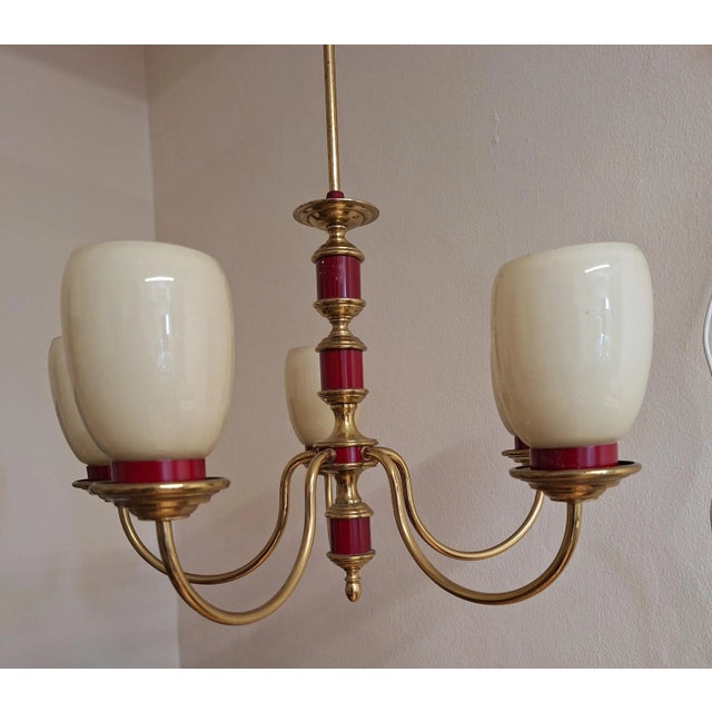 Vintage Chandelier with Brass and Cream-Colored Glass Shades, 1970s For Sale - Image 6 of 7