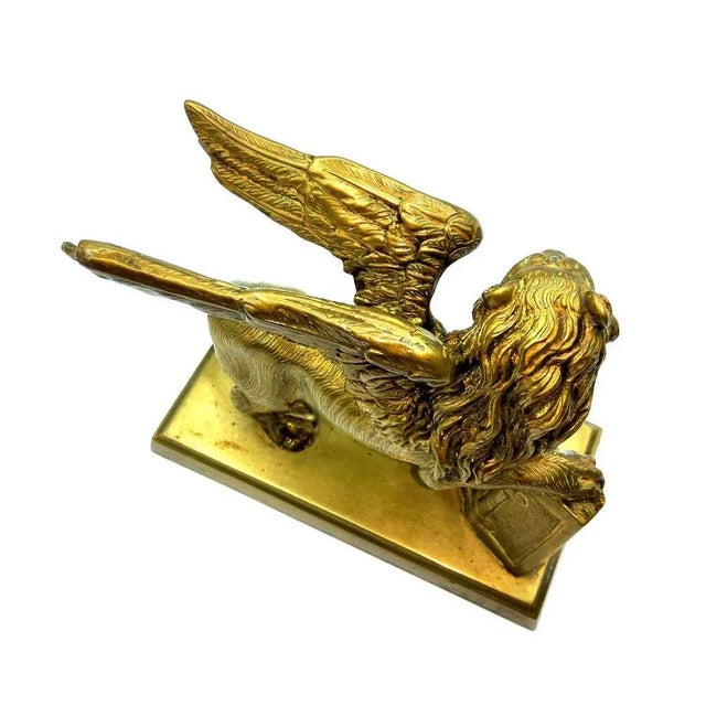 Metal Antique Bronze Winged Lion on Rectangular Base For Sale - Image 7 of 13