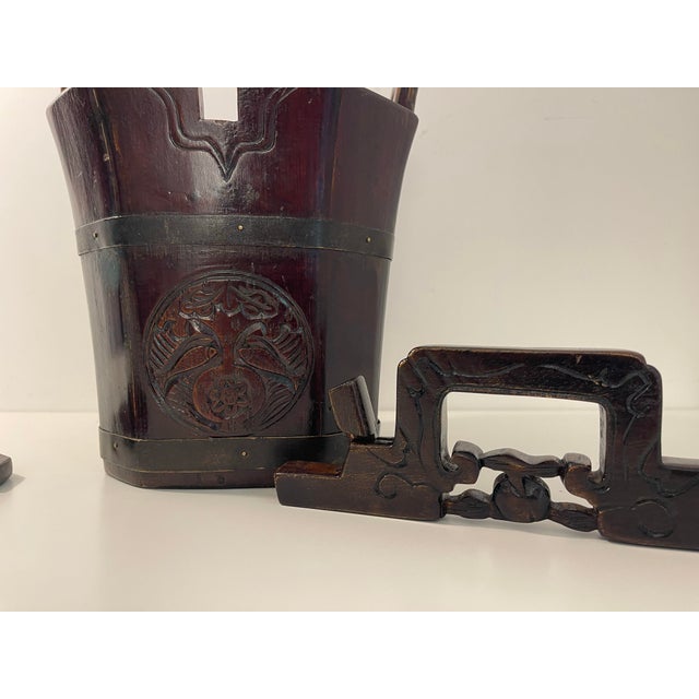 Burnt Umber Mid-20th Century Chinese Solid Wood Carved Rice Bucket With Locking Lid For Sale - Image 8 of 11