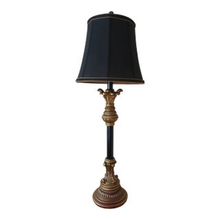 Hollywood Regency Vintage Black & Gold Neoclassical Table Lamp With Ornate Cast Metal Base For Sale