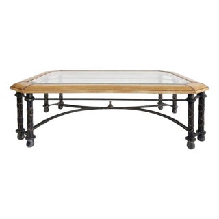 Mid 20th Century Embossed Leather-Wrapped Perimeter Iron Coffee Table, Inset Beveled Glass Top For Sale