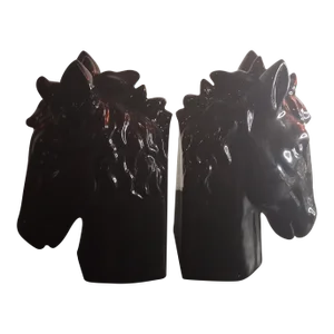 1980s G Trent New Mexico Black Ceramic Horse Head Bookends- Set of 2
