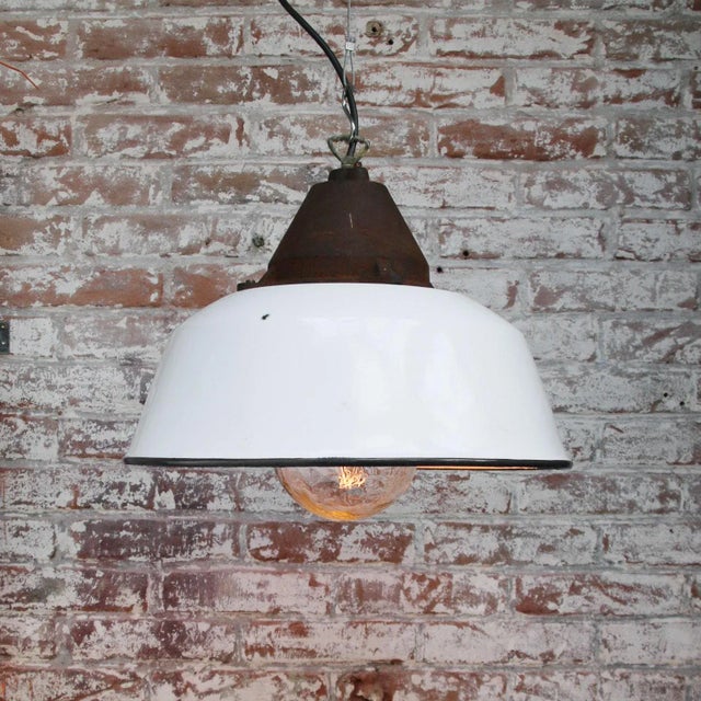 Industrial Industrial White Enamel, Cast Iron & Glass Pendant Lamp, 1950s For Sale - Image 3 of 6