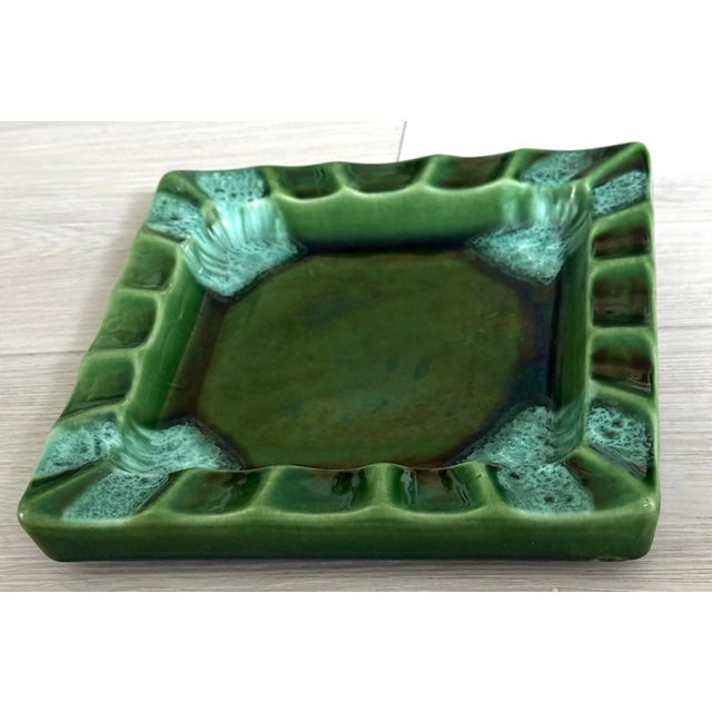 Gorgeous Mid Century Drip Glaze Ashtray-Cache All. Green with Aqua highlights. Large size.