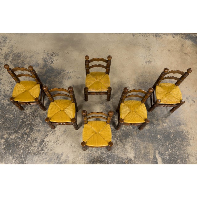 Mid-Century Modern Set of Six French Modernist Dining Chairs, Oak & Rush, 1960 For Sale - Image 3 of 18