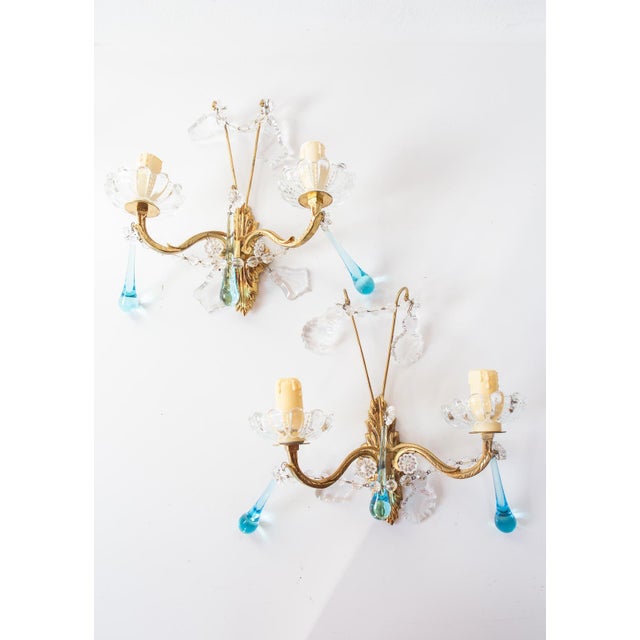 Metal French Brass Wall Sconces with Blue Glass Drops, 1950s, Set of 2 For Sale - Image 7 of 7