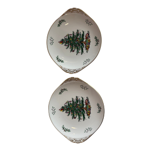 Two Spode Gold Trimmed Christmas Tree Serving Platters