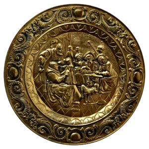 Large Arts & Crafts Embossed Brass Wall Hanging Charger, 1930s