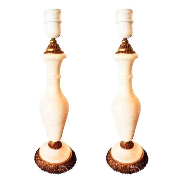 White Marble and Gilded Bronze Table Lamps, 1970s, Set of 2 For Sale