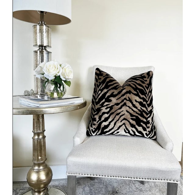 Taupe Black Velvet Zebra Print Throw Pillow With Feather Down Insert For Sale In New York - Image 6 of 6