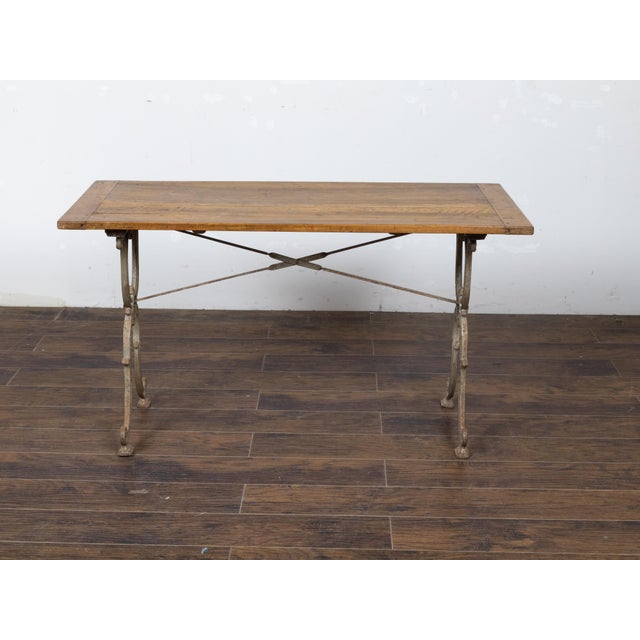 Brown French 1900s Steel and Wood Console Table with Curving X-Form Legs and Stretcher For Sale - Image 8 of 12