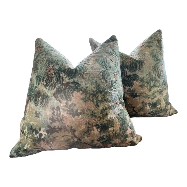 Brunschwig and Fils Ming Velvet in Green Pair Down Filled Pillows For Sale