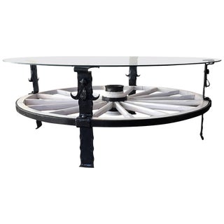 20th Century Glass Top Wooden Wagon White Wheel Accent Spanish Farm Table For Sale