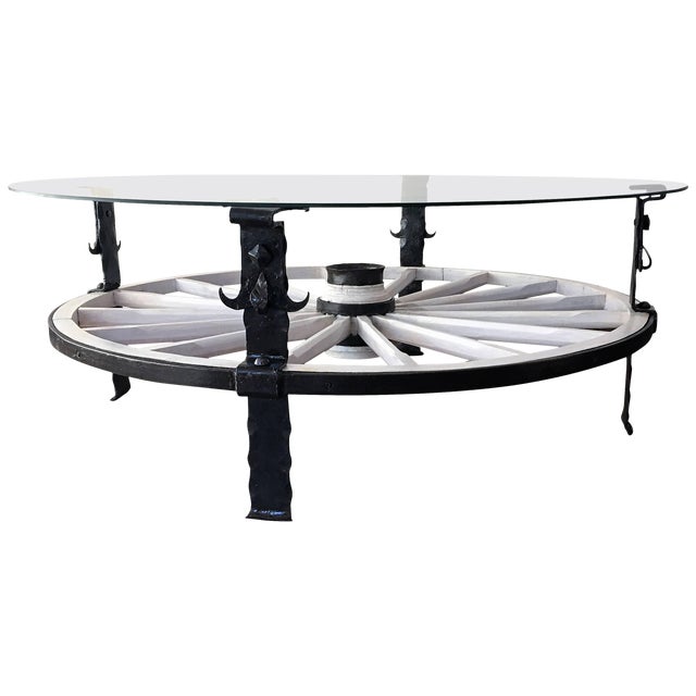 20th Century Glass Top Wooden Wagon White Wheel Accent Spanish Farm Table For Sale
