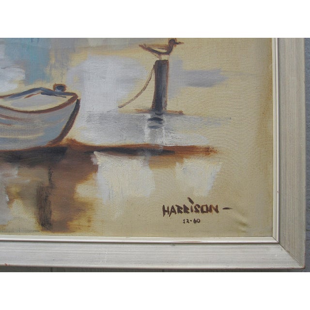 Textile Harrison Mid-Century Abstract Harbor / Fishing Boats — Signed Oil on Canvas, Framed (51" X 39") For Sale - Image 7 of 9