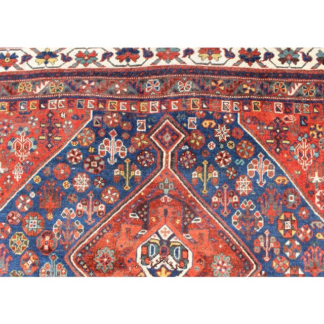Early 20th Century Antique Persian Shiraz Rug With Tri-Medallion Geometrics in Royal Blue and Red For Sale In Atlanta - Image 6 of 13