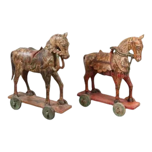 Antique Southeast Asian Polychrome Wooden Oversized Temple Horses From India