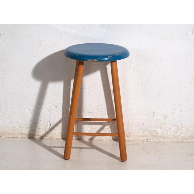 Vintage Wooden Stool with Round Seat, Central Europe, 1950 For Sale - Image 6 of 9