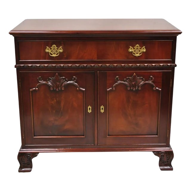 Georgian Chippendale Style Carved Mahogany One Drawer Server Cabinet Buffet For Sale