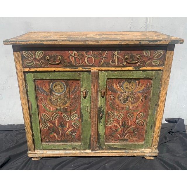 1871 Scandinavian Folk Art Step-Back Cupboard With Original Decorative Glass For Sale In Los Angeles - Image 6 of 13