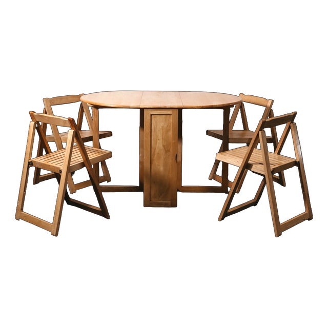 Vintage Drop-Leaf Opening Table and Folding Chairs, 1980s, Set of 5 For Sale