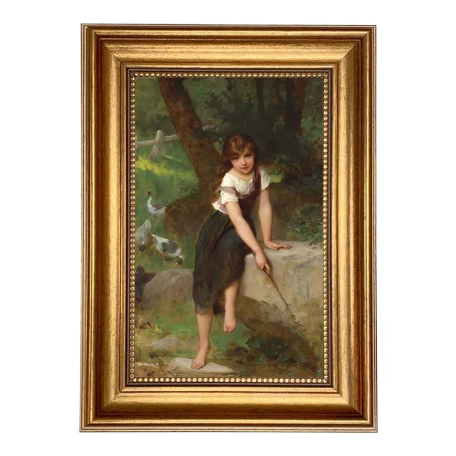 Young Girl With Geese 7x11" Framed For Sale