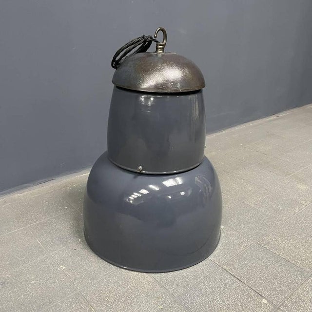 Large Industrial Blue-Gray Enamel Hanging Lamp, 1940s For Sale - Image 13 of 18