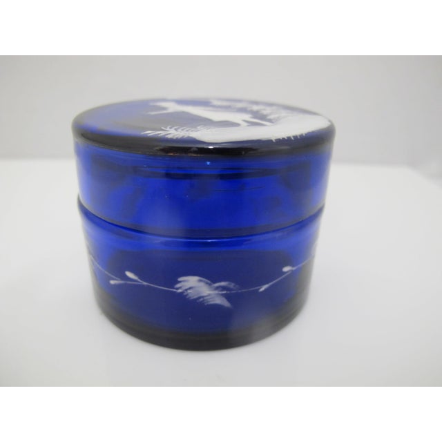 Victorian Mary Gregory Cobalt Blue Glass Enamel Painted Girl With Flower Round Trinket Box For Sale - Image 3 of 14