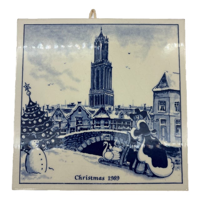 First Edition Delft Christmas 1989 Blue and White Decorative Tile Plate Art For Sale